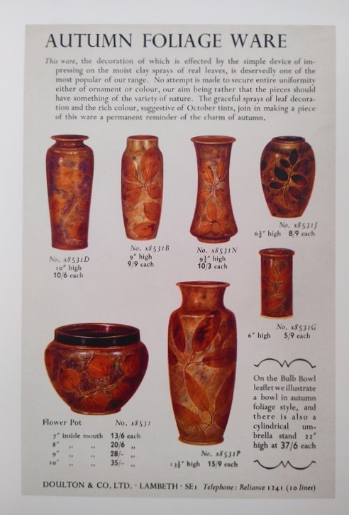 A 1935 advert for Royal Doulton Autumn Foliage Ware, taken from "The Doulton Lambeth Wares” by Eyles and Irvine