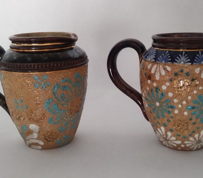 From our own collection: A pair of attractive, Chine ware, Doulton jugs